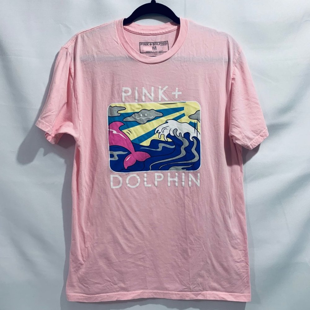 Pink + Dolphin Graphic T-Shirt Unisex Beach Cloud Waves Dolphin Pink Medium EUC